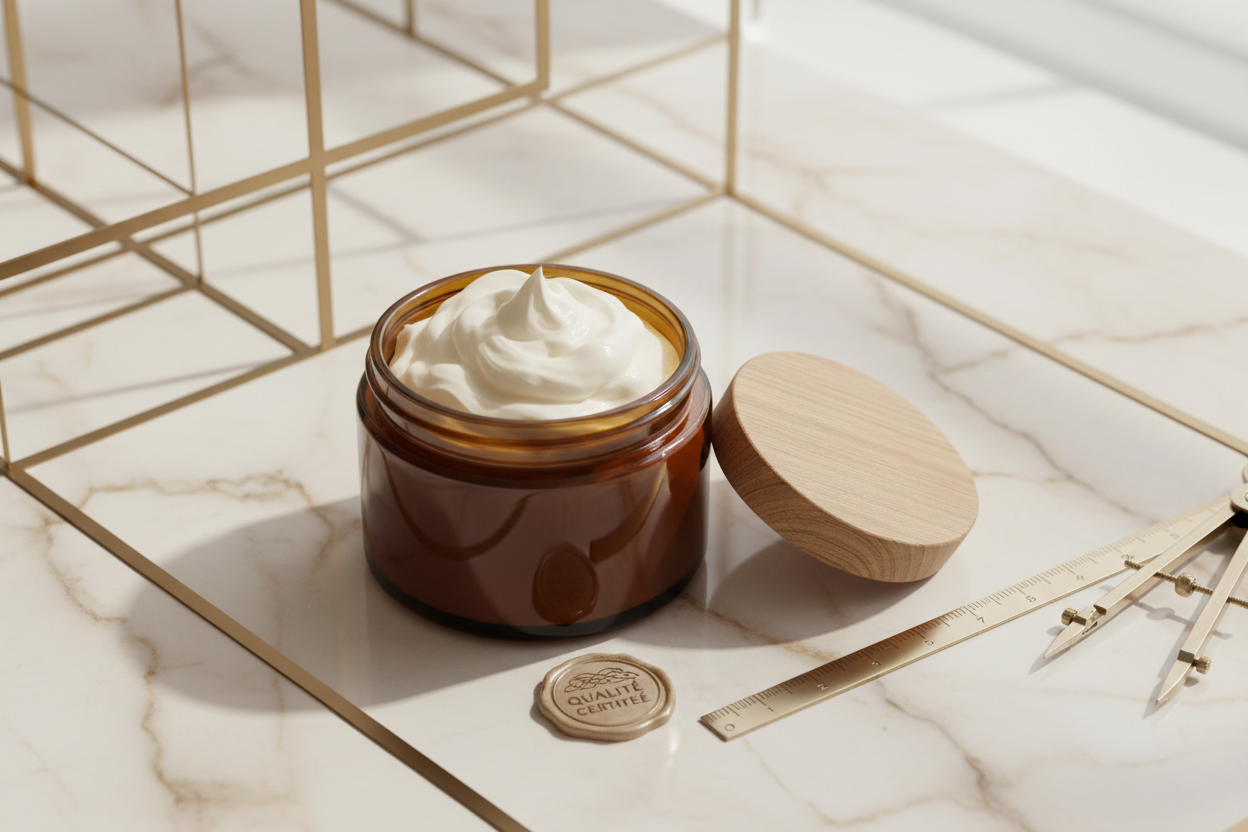 Image éditoriale haut de gamme symbolisant une formule approuvée selon des critères de qualité stricts.
Pot de chantilly de karité bio ouvert, en verre ambré avec couvercle en bois naturel posé à côté.
La chantilly est visiblement fouettée, texture aérienne, onctueuse, en forme de crème montée, avec des volumes doux et naturels.
Mise en scène minimaliste et élégante sur une surface en pierre claire ou marbre doux, décor épuré.
Éléments discrets évoquant la précision et l’exigence sans aspect médical : ligne