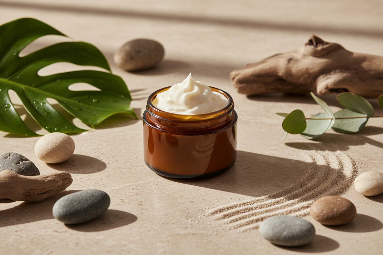 Nature morte élégante et haut de gamme mettant en scène une chantilly de karité fouettée, à la texture aérienne, légère et onctueuse, formant des pics souples comme une crème chantilly.
La chantilly est présentée dans un pot ou bol en céramique ou verre ambré, avec un rendu crémeux, blanc ivoire, visiblement fouetté (whipped texture).
Décor naturel et zen : feuilles vertes fraîches, bois flotté, pierres naturelles, sable clair ou pierre beige.
Lumière naturelle douce et chaude, ombres délicates, ambiance ap