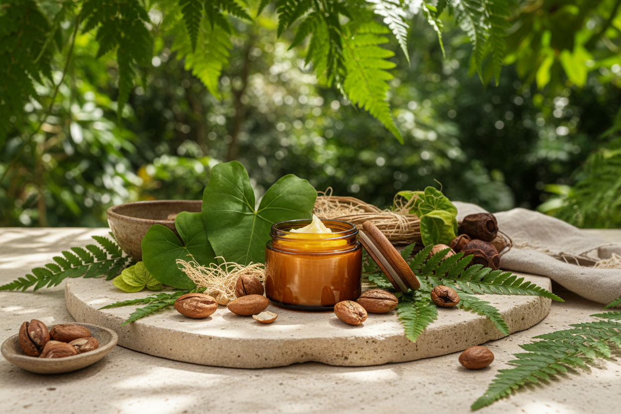 Photographie lifestyle haut de gamme, naturelle et apaisante, inspirée de la nature.
Mise en scène autour du beurre de karité brut et transformé : noix de karité, beurre de karité crémeux dans un pot en verre ambré avec couvercle en bois, feuilles vertes et plantes naturelles.
Décor végétal luxuriant, ambiance verdoyante, lumière naturelle douce filtrée à travers les feuilles.
Table en bois clair ou pierre naturelle, textures organiques, atmosphère calme et bienveillante évoquant l’écoute, la proximité et l