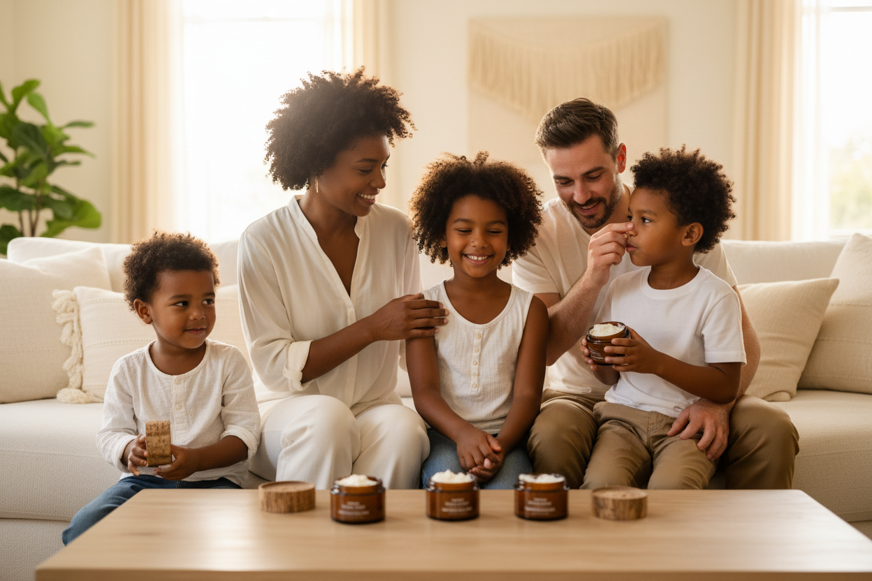Photographie lifestyle haut de gamme, réaliste et chaleureuse d’une famille métisse utilisant des soins au beurre de karité bio.
Une maman noire, un papa blanc et plusieurs enfants de différents âges (enfants et pré-adolescents, minimum 7 ans), représentant la diversité familiale. Aucun bébé, aucun enfant en bas âge.
Les produits utilisés sont des chantilly de karité bio présentées exclusivement dans des pots en verre ambré avec couvercles en bois naturel, posés sur une table en bois clair ou en pierre natu